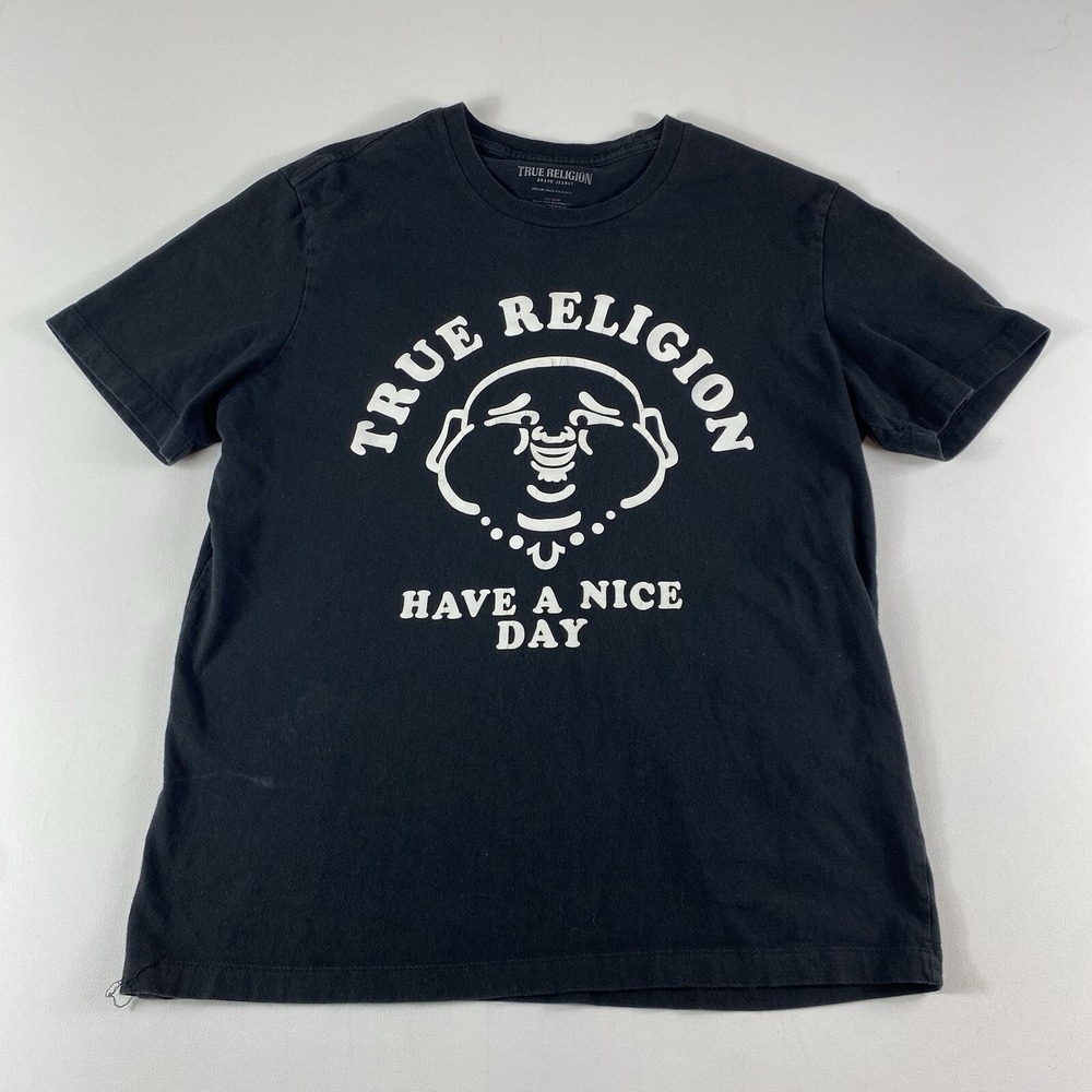True Religion T-Shirt Mens Medium Black Short Sleeve Have A Nice Day Logo TEAR
